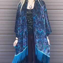 Warrior Within Purple Paisley Burnout Velvet Kimono With Teal/Black Ombre Fringe Women