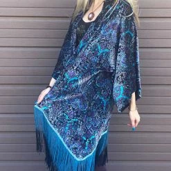 Warrior Within Purple Paisley Burnout Velvet Kimono With Teal/Black Ombre Fringe Women