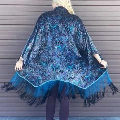 Warrior Within Purple Paisley Burnout Velvet Kimono With Teal/Black Ombre Fringe Women